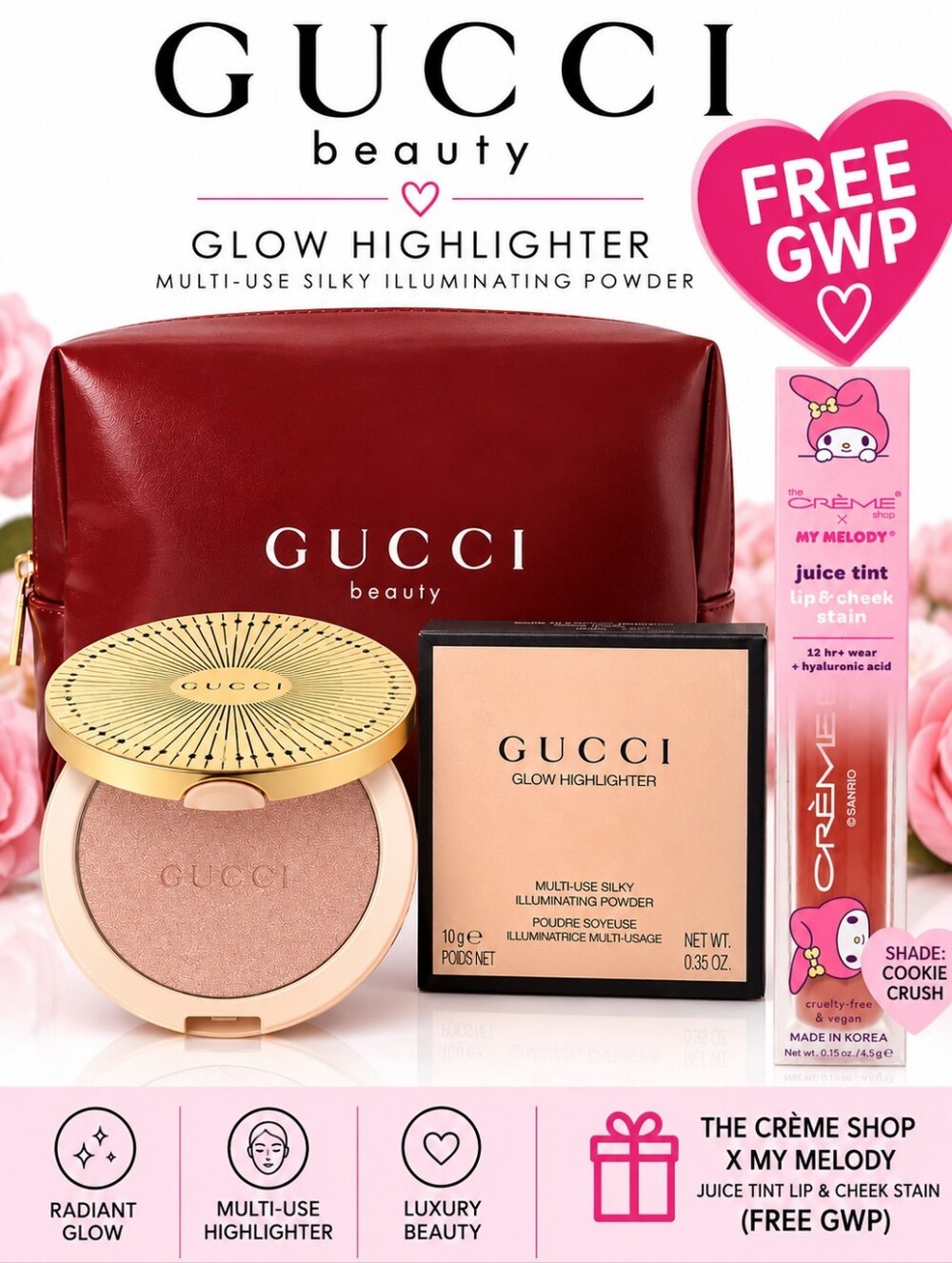 Gucci Highlighter Opal Pink Illuminating Powder NIB + Beauty Cosmetic Bag GWP
